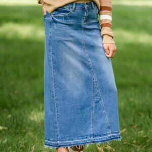 Stacy Raw Hem Long Denim Skirt